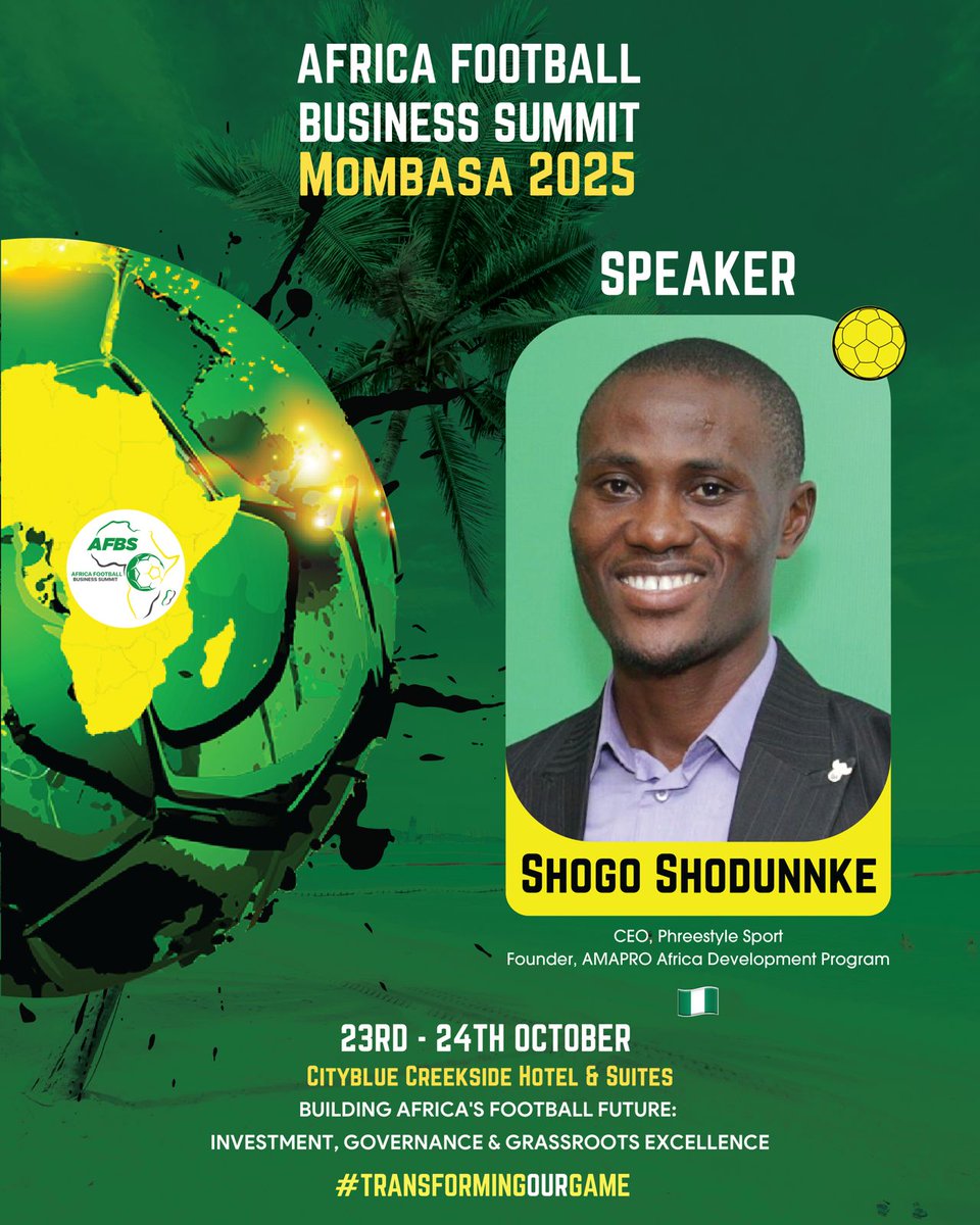 🚨 Speaker Alert | #AFBS2025
From 🇫🇮 to 🇳🇬 — welcome Shogo Shodunnke of Phreestyle Sport &amp; <a href="/AMAPROOfficial/">@PhreestyleSport</a>! ⚽🌍

A driving force in African sports transformation, Shogo is creating opportunities, building networks &amp; empowering youth through #football.

afbs.footballfoundation.africa