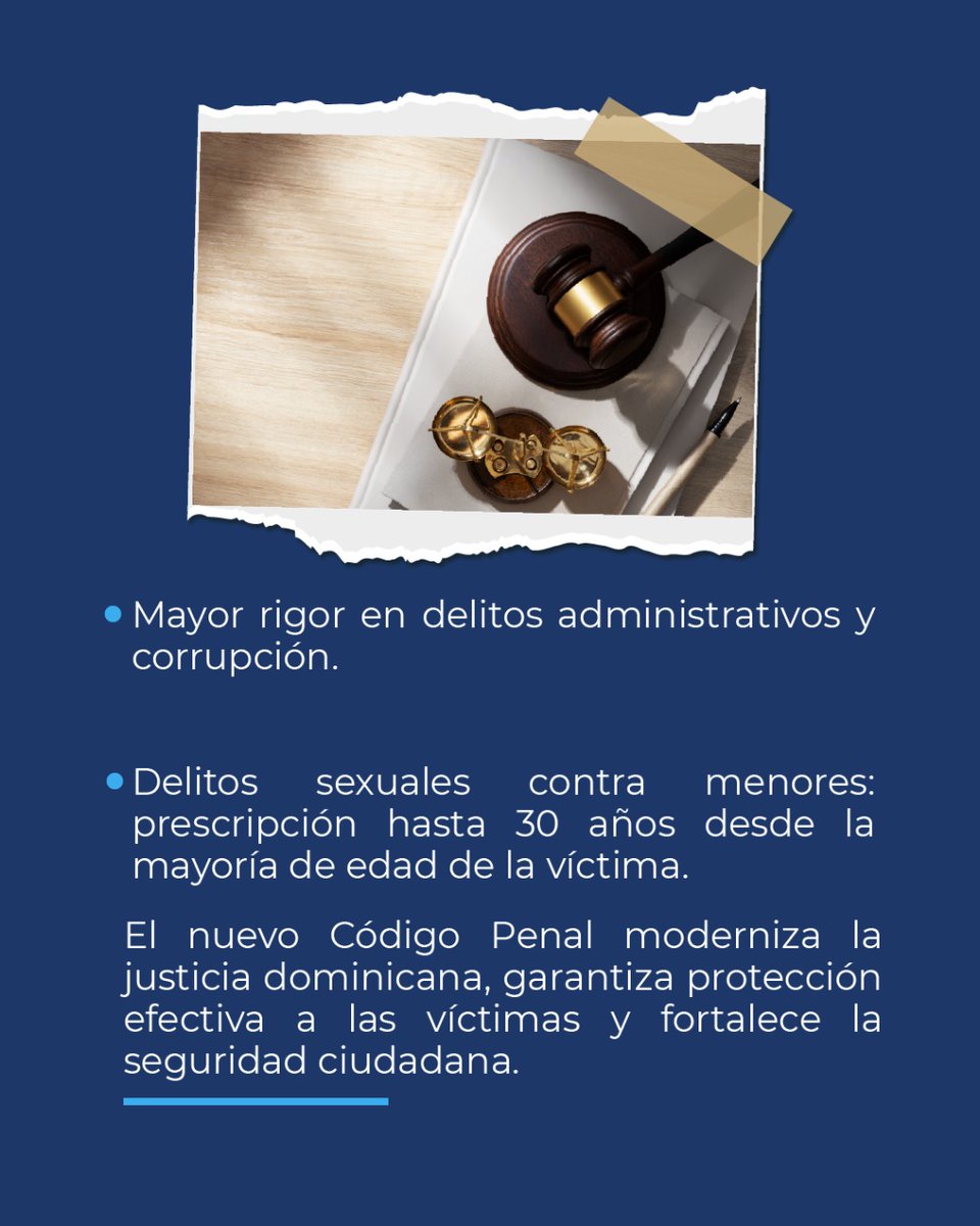 Con la promulgación del nuevo Código Penal, la República Dominicana da un paso histórico hacia una justicia moderna, segura y centrada en los derechos humanos. 📜🇩🇴 

📅 Entrará en vigencia en 12 meses.