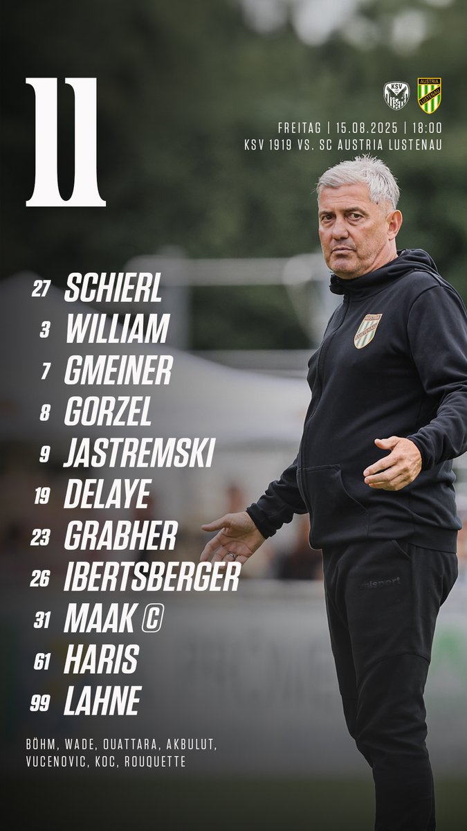 Diese Mannschaft schickt Markus Mader heute im Kapfenberger Alpenstadion aufs Feld.  Auf geht's, Jungs! ✊________________________ #KSVALU | -:- | 18:00 Uhr
