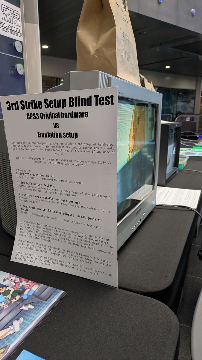 FurinArcade's tweet image. For SCIENCE!
3RD Strike blind test at VS Fighting.
Original hardware vs emulation

Try both and vote, the more data we have the better. Set ups will be switched/randomised throughout the event and data will be posted later

#3rdstrike