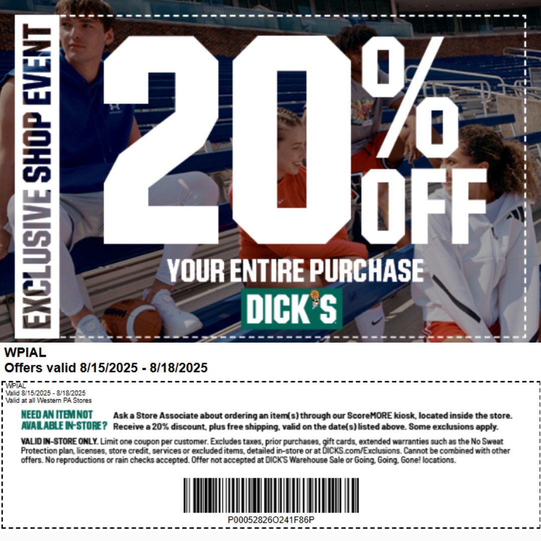Only two more days left to take advantage of the exclusive WPIAL Shop Weekend! 🏷️
Stop by any Western PA @dickssportinggoods location to score an exclusive 20% off your entire purchase!
🛒 Show this post at checkout or grab your coupon here 👉 bit.ly/4lmJN4K