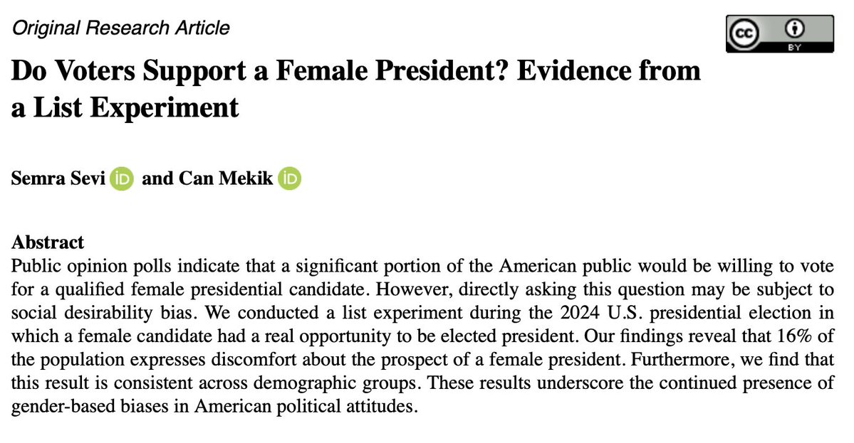 Semra Sevi (@semrasevi) on Twitter photo 🚨NEW STUDY: Do Americans support a woman president? Our list experiment during the 2024 election, when <a href="/KamalaHarris/">Kamala Harris</a> was on the ballot, reveals hidden bias, and it's more widespread than you'd expect.
journals.sagepub.com/doi/10.1177/15…
<a href="/UofT_PolSci/">Political Science</a> 🚨NEW STUDY: Do Americans support a woman president? Our list experiment during the 2024 election, when <a href="/KamalaHarris/">Kamala Harris</a> was on the ballot, reveals hidden bias, and it's more widespread than you'd expect.
journals.sagepub.com/doi/10.1177/15…
<a href="/UofT_PolSci/">Political Science</a>