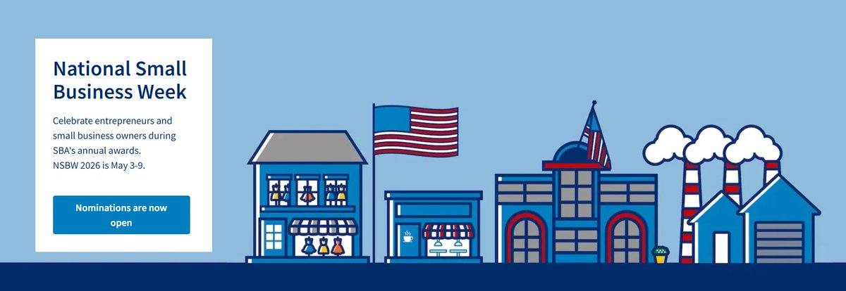 America’s 36M small businesses = 99% of all businesses, 1/2 the workforce, and 2/3 of new jobs. Celebrate their impact—nominate for the 2026 National Small Business Week Awards at sba.gov/nsbw. Deadline: Dec 8, 2025, 7 a.m. ET. #SmallBusinessWeek #NSBW2026