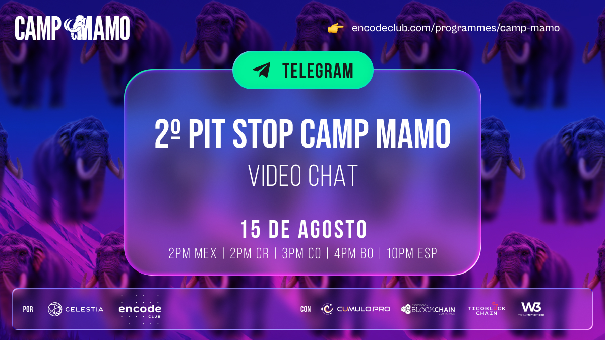 Cumulo (@cumulo_pro) on Twitter photo 🚨 Comunidad Devs en Español 🚨
📢 ¡Hoy tenemos el 2º Pit Stop del #CampMamo de <a href="/celestia/">Celestia 🦣</a> !
Un video chat en Telegram para compartir aprendizajes, resolver dudas y seguir avanzando juntos en este bootcamp. 💡
🕑 Horarios:
🇲🇽 2PM MX | 🇨🇷 2PM CR | 🇨🇴 3PM CO | 🇧🇴 4PM BO | 🇪🇸 🚨 Comunidad Devs en Español 🚨
📢 ¡Hoy tenemos el 2º Pit Stop del #CampMamo de <a href="/celestia/">Celestia 🦣</a> !
Un video chat en Telegram para compartir aprendizajes, resolver dudas y seguir avanzando juntos en este bootcamp. 💡
🕑 Horarios:
🇲🇽 2PM MX | 🇨🇷 2PM CR | 🇨🇴 3PM CO | 🇧🇴 4PM BO | 🇪🇸