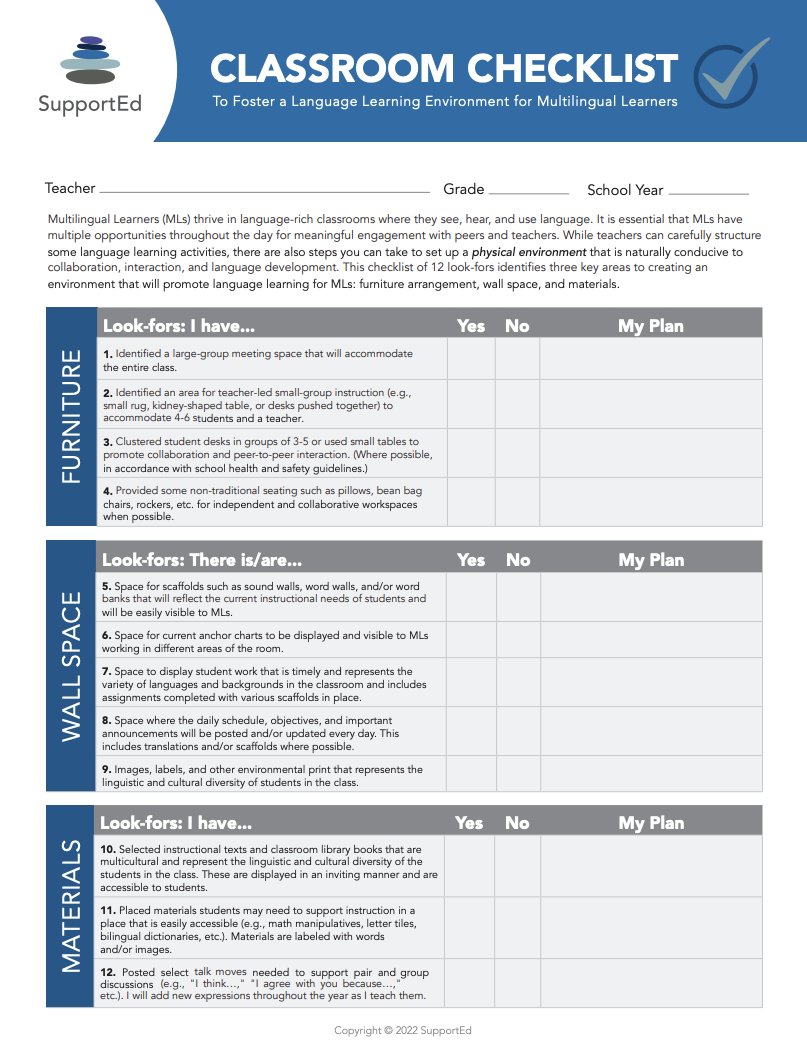 Multilingual Learners thrive in language-rich classrooms with frequent, meaningful interaction. This 12-point checklist highlights how furniture, wall space, and materials can support collaboration, engagement, &amp; language development.

Free download: hubs.ly/Q03C7HSN0