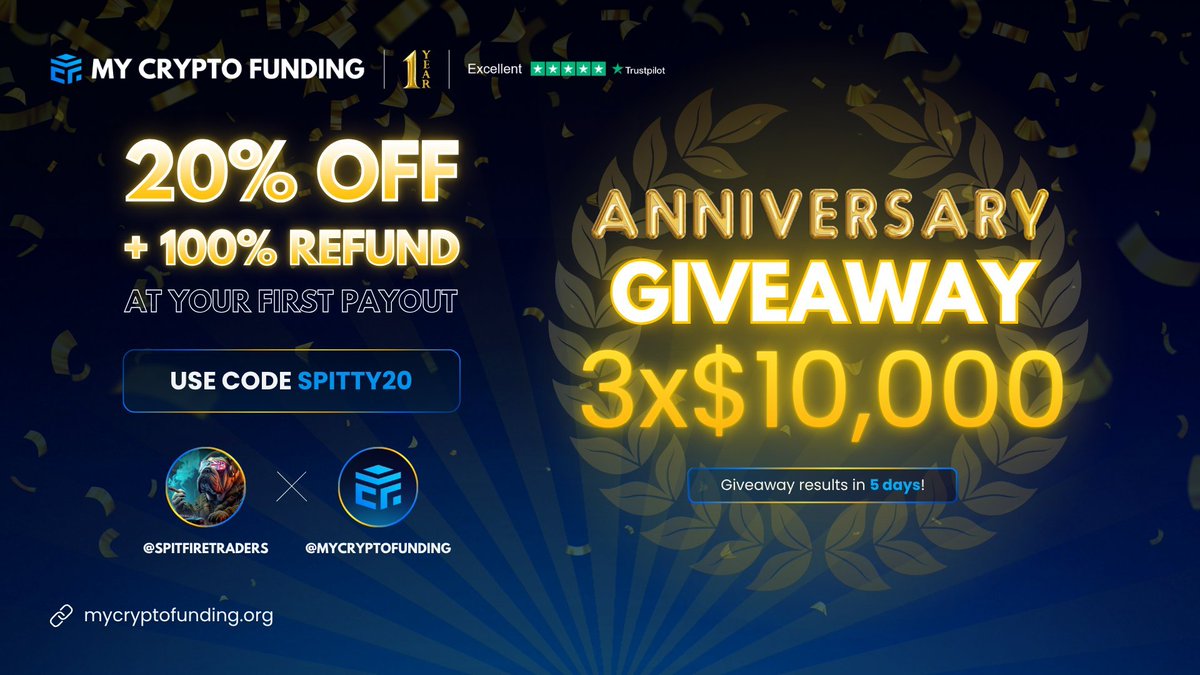 Spitty (@spitfiretraders) on Twitter photo 1 Year Anniversary Giveaway🎉
3x more $10k accounts up for grabs
To Enter
1. Follow <a href="/MyCryptoFunding/">My Crypto Funding</a> and <a href="/teamspitfire69/">Spitfire Traders</a> and <a href="/SpitfireTraders/">Spitty</a>
2. Tag 3 Friends
3. Repost
Winners drawn in 5 days
Use code: SPITTY20 for 20% off and 100% refund at your first payout 1 Year Anniversary Giveaway🎉
3x more $10k accounts up for grabs
To Enter
1. Follow <a href="/MyCryptoFunding/">My Crypto Funding</a> and <a href="/teamspitfire69/">Spitfire Traders</a> and <a href="/SpitfireTraders/">Spitty</a>
2. Tag 3 Friends
3. Repost
Winners drawn in 5 days
Use code: SPITTY20 for 20% off and 100% refund at your first payout