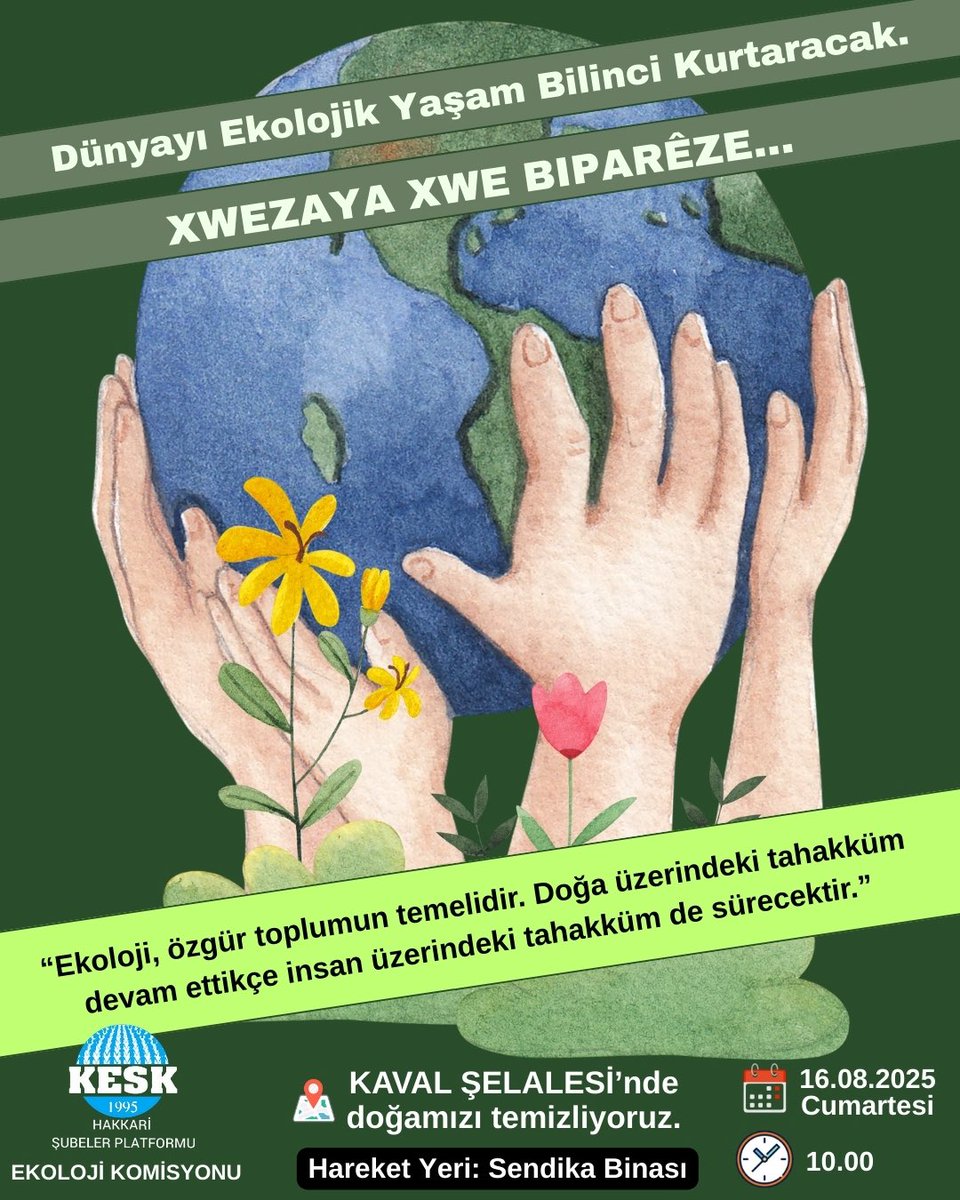 Gezi ve ekoloji komisyonumuzun bu haftadaki  planlaması üzerine 16 Ağustos Cumartesi günü Kaval Şelalesinde doğamızı temizleyeceğiz. Tüm doğasever arkadaşlarımızı bekliyoruz.
<a href="/SesHakkari/">SES Hakkari Şubesi</a> <a href="/TumbelH/">Tümbel-Sen Hakkâri</a>