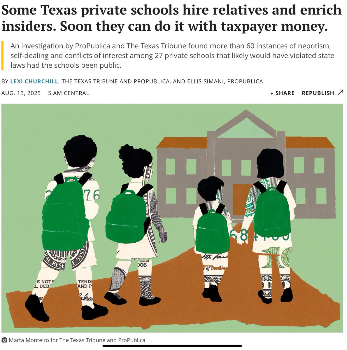 Private schools in Texas are expected to receive $1 billion in voucher money. Private schools have very little accountability and are not subject to open records law. ProPublica/Texas Tribune found numerous instances of conflicts of interest and self-dealing by private school