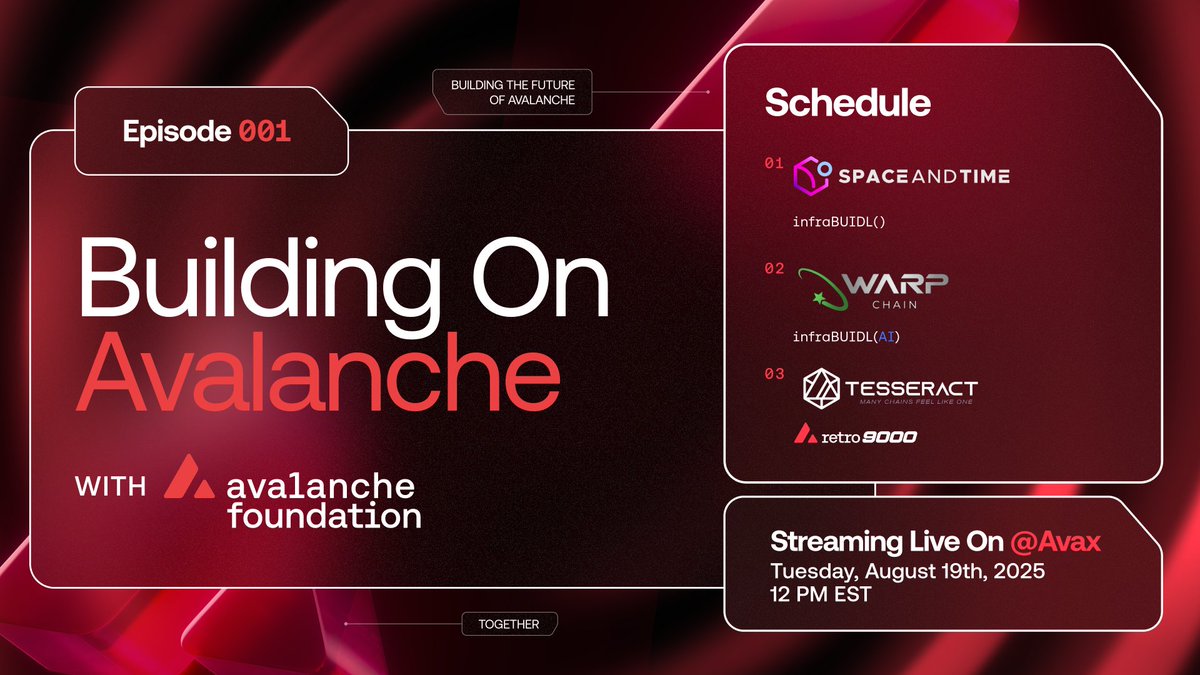 Avalanche Foundation 🔺 (@avalanchefdn) on Twitter photo Introducing Building on Avalanche 🔺
A new live series with program updates, deep dives, and insights from grantees building in the Avalanche ecosystem.
Join us for episode one on Tuesday, August 19, at 12 PM EST on <a href="/avax/">Avalanche🔺</a> - see you there 🙌 Introducing Building on Avalanche 🔺
A new live series with program updates, deep dives, and insights from grantees building in the Avalanche ecosystem.
Join us for episode one on Tuesday, August 19, at 12 PM EST on <a href="/avax/">Avalanche🔺</a> - see you there 🙌
