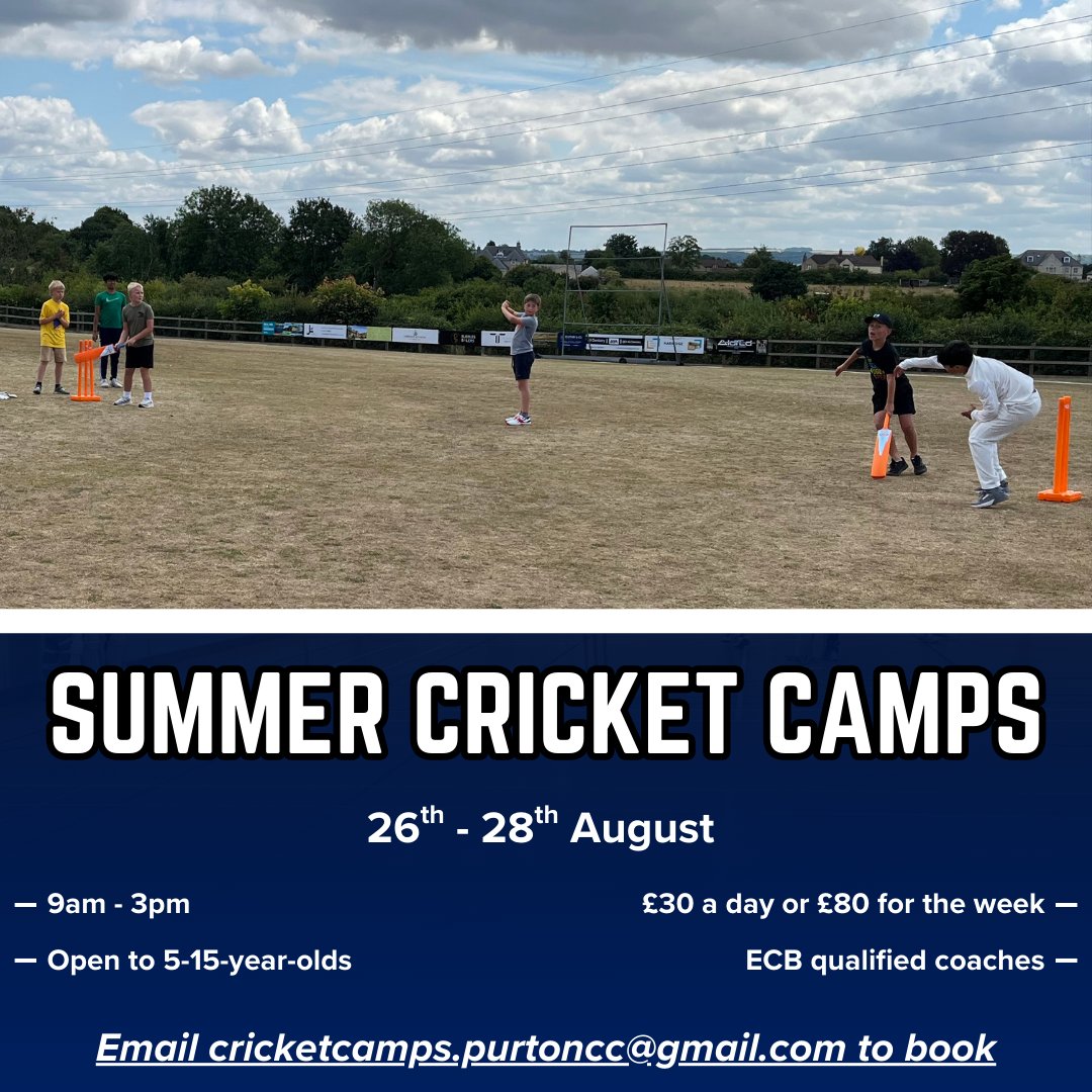 Purton Cricket Club (@purtoncc) on Twitter photo πππ ππππ ππ ππ! βοΈ
Don't miss out on our final week of camps run by ECB-qualified coaches, covering both soft and hardball. π
Email cricketcamps.purtoncc@gmail.com to sign up. π§ πππ ππππ ππ ππ! βοΈ
Don't miss out on our final week of camps run by ECB-qualified coaches, covering both soft and hardball. π
Email cricketcamps.purtoncc@gmail.com to sign up. π§