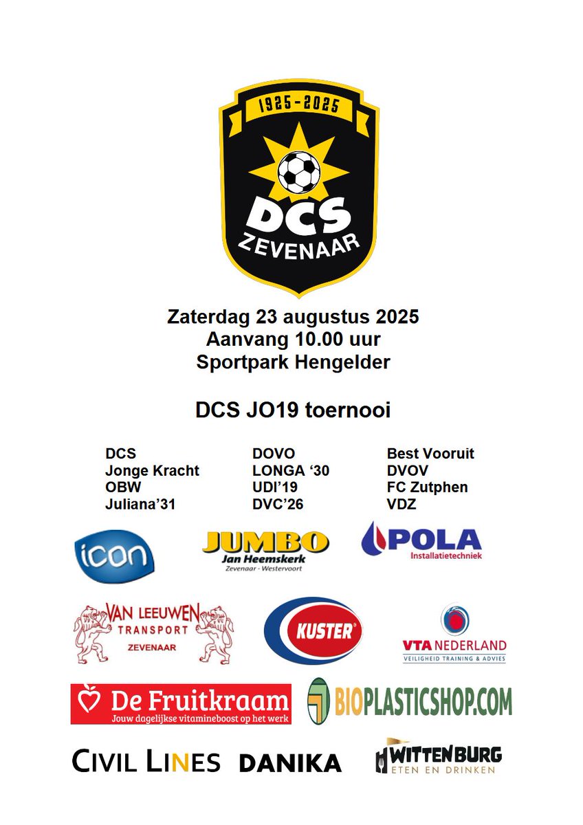 DCS JO19 TOERNOOI !!!

KIJK VOOR ALLE INFO OVER HET TOERNOOI OP ONZE TOURNIFY SITE.
tournify.nl/live/dcsjo19-2…