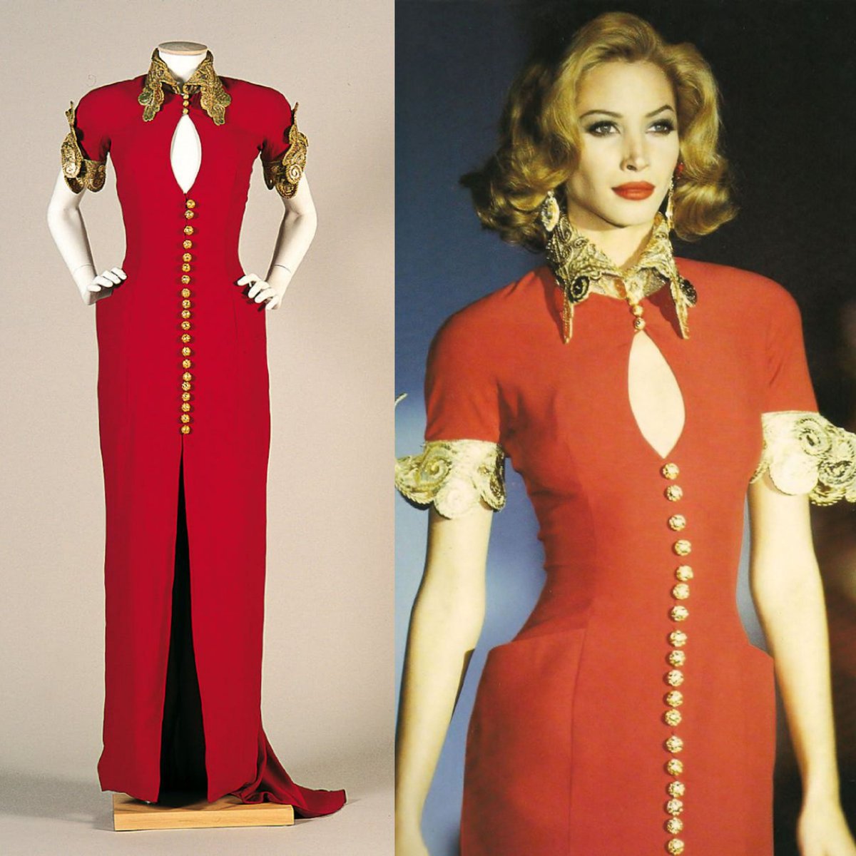 Victoria Haddock (@vickyhaddock) on Twitter photo Italian fashion designer Gianfranco Ferré was born #OnThisDay in 1944. He designed this red silk crepe evening dress with a tulle collar and sleeves embellished with a striking gold appliqué trim for his A/W 1992-93 collection. <a href="/UffiziGalleries/">Gallerie degli Uffizi</a> collection #Fashionhistory Italian fashion designer Gianfranco Ferré was born #OnThisDay in 1944. He designed this red silk crepe evening dress with a tulle collar and sleeves embellished with a striking gold appliqué trim for his A/W 1992-93 collection. <a href="/UffiziGalleries/">Gallerie degli Uffizi</a> collection #Fashionhistory