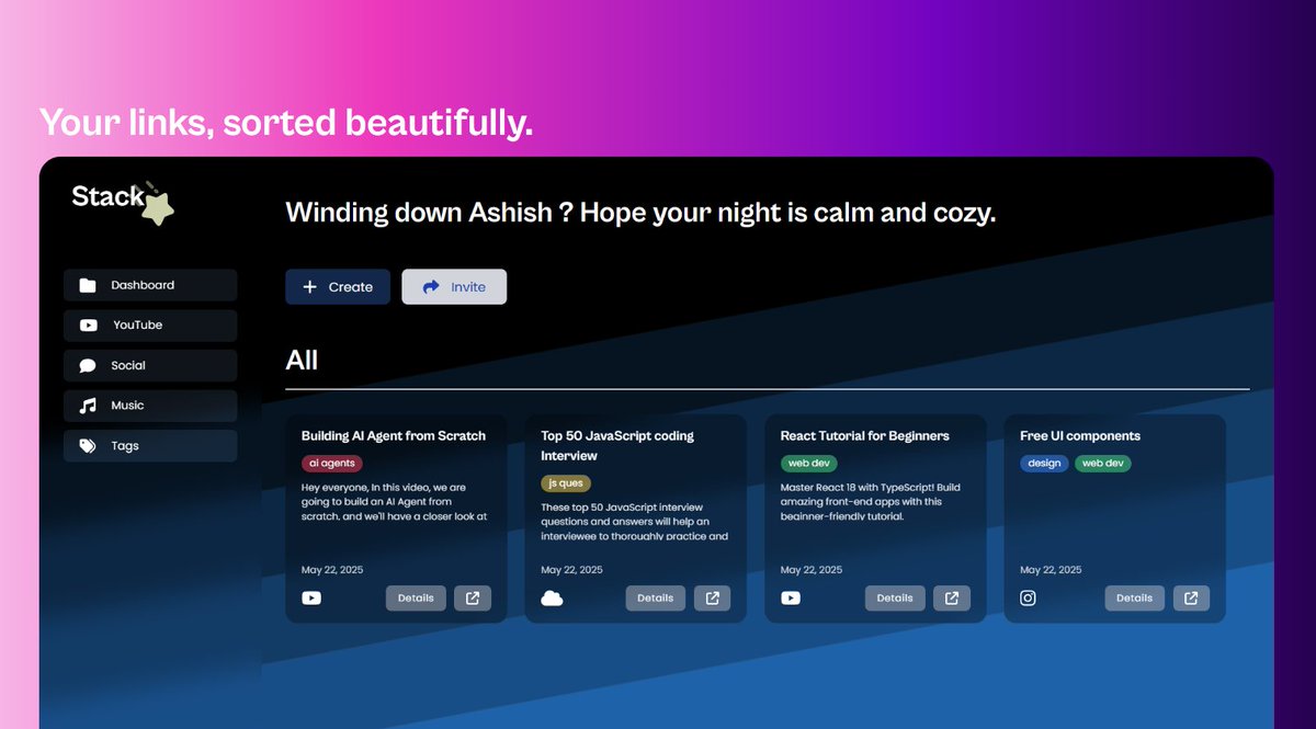Ashish (@heyashishraut) on Twitter photo ๐ Just showcased Stack on <a href="/TeamShiksha/">Team.Shiksha</a> Discord Sever!
๐ Stack lets users save important links with Title, Description & up to 4 custom tags.
โก Auto-categorizes links by source + clean dashboard UI.
๐ Built with React, Node.js, MongoDB, Resend, TypeScript.
๐๐๐ป ๐ Just showcased Stack on <a href="/TeamShiksha/">Team.Shiksha</a> Discord Sever!
๐ Stack lets users save important links with Title, Description & up to 4 custom tags.
โก Auto-categorizes links by source + clean dashboard UI.
๐ Built with React, Node.js, MongoDB, Resend, TypeScript.
๐๐๐ป