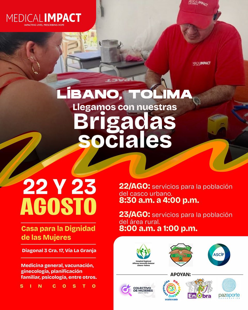 MedicalimpactCo's tweet photo. 22 y 23 de agosto ° Líbano, Tolima Brigadas Sociales con servicios gratuitos de salud para población urbana y rural.
Va Medicina general
Vacunación
Psicología
¡Te esperamos!
#BrigadasSociales #Medicallmpact
@ascifcolombia @MedicalImpact_ https://t.co/1QcoFc82Re