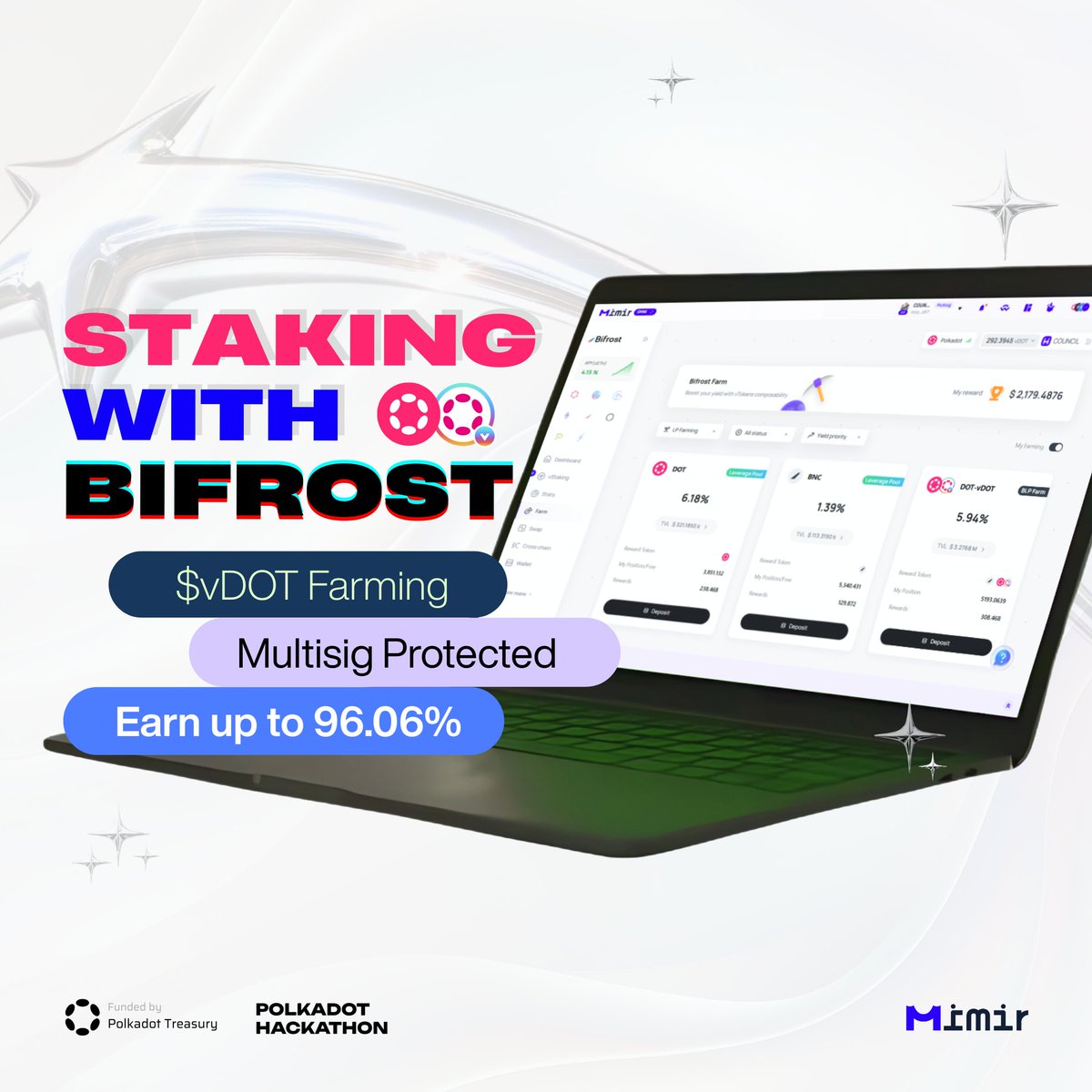 Mimir (@mimir_global) on Twitter photo Mint $vDOT on <a href="/Bifrost/">Bifrost - Omnichain LST</a> and farm $BNC, all directly via your Mimir multisig
With <a href="/Mimir_global/">Mimir</a>, DAOs and treasuries can connect their multisig to <a href="/Bifrost/">Bifrost - Omnichain LST</a>, mint $vDOT, provide liquidity to the DOT–vDOT pool, and farm to earn $BNC.
📜 Example flow:
- Access Bifrost via Apps on Mint $vDOT on <a href="/Bifrost/">Bifrost - Omnichain LST</a> and farm $BNC, all directly via your Mimir multisig
With <a href="/Mimir_global/">Mimir</a>, DAOs and treasuries can connect their multisig to <a href="/Bifrost/">Bifrost - Omnichain LST</a>, mint $vDOT, provide liquidity to the DOT–vDOT pool, and farm to earn $BNC.
📜 Example flow:
- Access Bifrost via Apps on