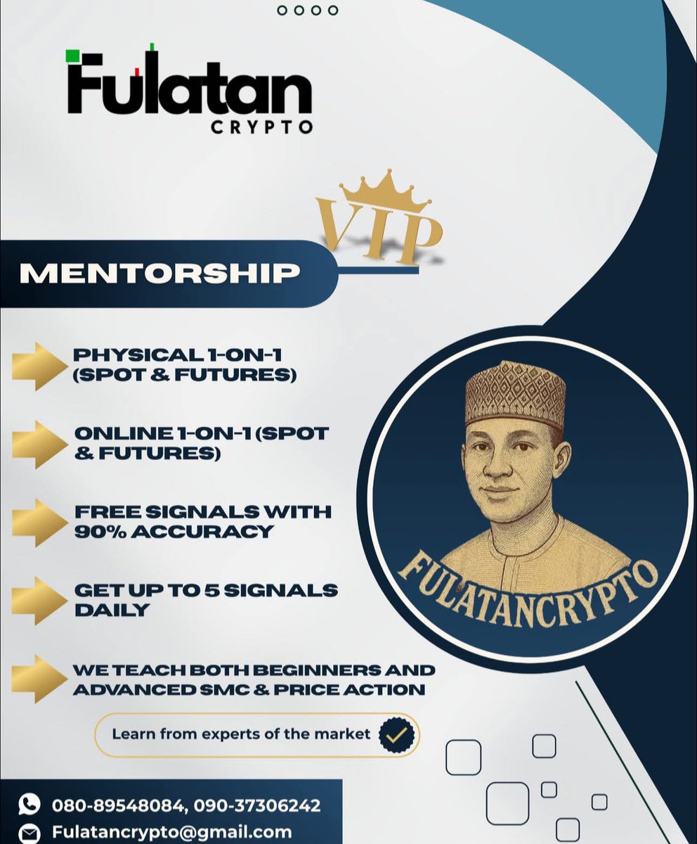 FulatanCrypto's tweet image. For those willing to learn how to Analyze the market,  Fulatan Crypto VIP is here for you.

What we have:

Physical &amp;amp; Online 1-on-1 training (Spot &amp;amp; Futures)
Free high-accuracy signals (up to 90%)
We teach SMC &amp;amp; Price Action

More details on flyer 👇

Interested? 

Contact us via…
