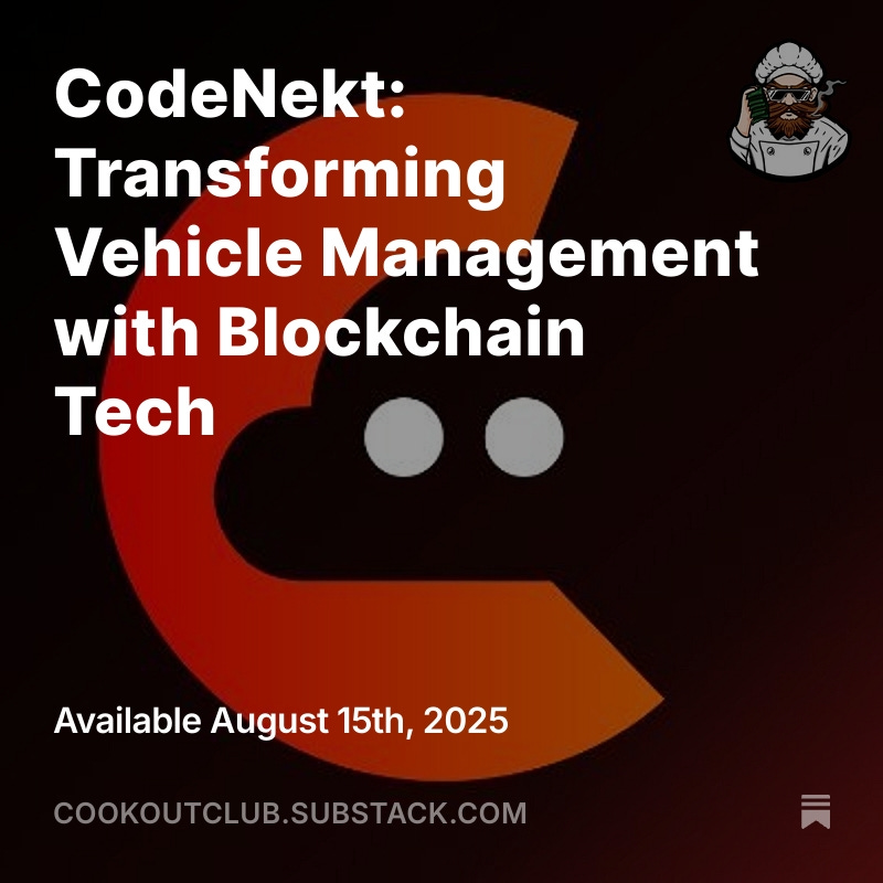 Cookout Club (@cookoutclubxyz) on Twitter photo Just published: How <a href="/CodeNekt_Eco/">CodeNekt Ecosystem 🔺</a> is giving every vehicle a tamper-proof digital identity using blockchain tech from <a href="/avax/">Avalanche🔺</a>.
Learn about tokenized car ownership, and how Web3 is actually solving real-world problems in the $4T automotive market.
Newsletter link in comments 👇 Just published: How <a href="/CodeNekt_Eco/">CodeNekt Ecosystem 🔺</a> is giving every vehicle a tamper-proof digital identity using blockchain tech from <a href="/avax/">Avalanche🔺</a>.
Learn about tokenized car ownership, and how Web3 is actually solving real-world problems in the $4T automotive market.
Newsletter link in comments 👇