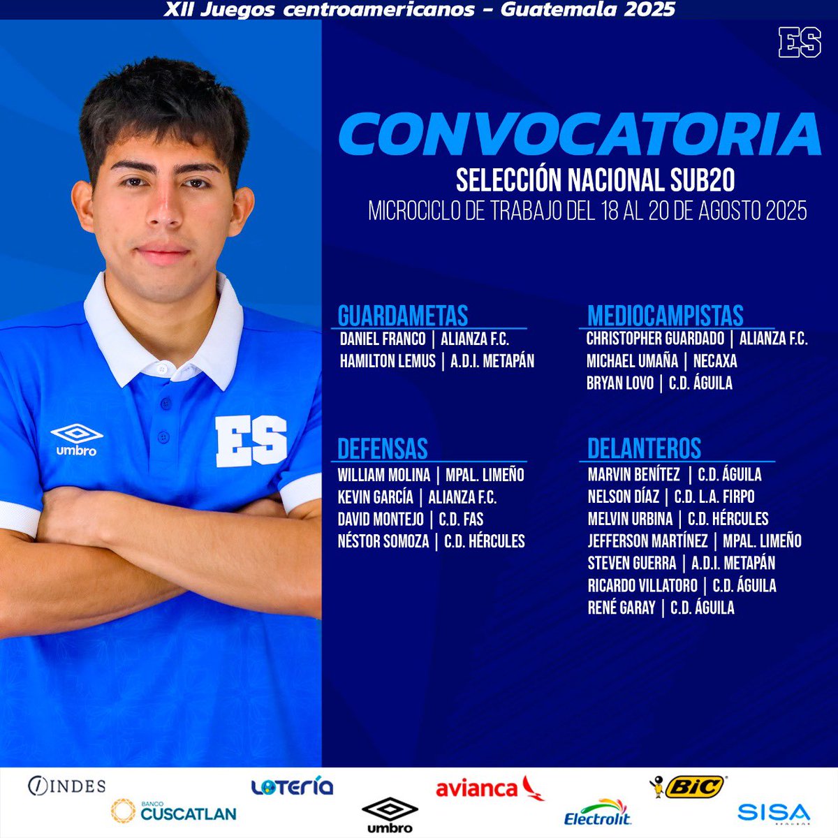 Primera convocatoria de la selección Sub-20 para los Juegos Centroamericanos en Guatemala 📝🇸🇻

Destaca el mediocampista Michael Umaña (Necaxa) como único legionario. 

La FESFUT aún no confirmó quién dirigirá a esta selección. 

#elsalvador #laselecta #juegoscentroamericanos