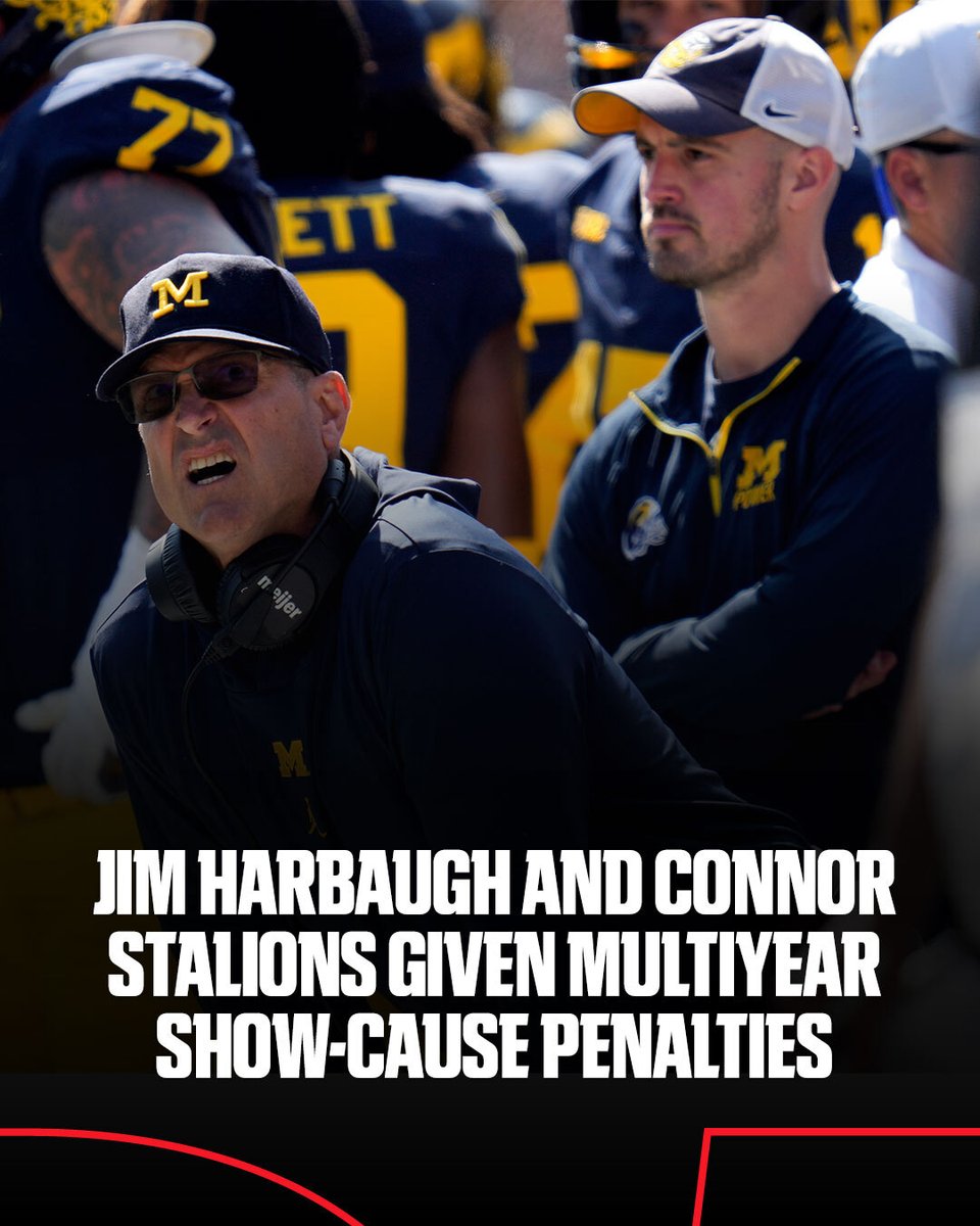 Former Michigan head coach Jim Harbaugh received a 10-year show-cause penalty and former analyst Connor Stalions received an eight-year show-cause penalty as part of Michigan’s punishments in the NCAA committee on infraction ruling. Denard Robinson was also given a three-year