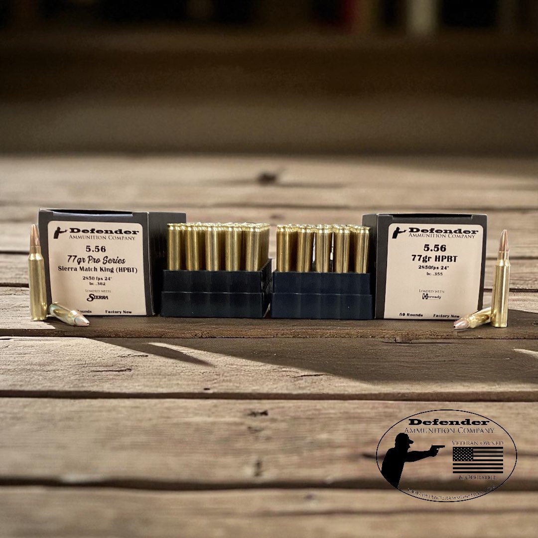 We produce 5.56 77gr in 2 different variants. The difference is the projectiles; they have different ballistic coefficients. One is a Hornady HPBT with a bc of .355 and the other is the Sierra Match King, .362. The crowd is divided on which is better. defenderammunition.com/products/5-56-…