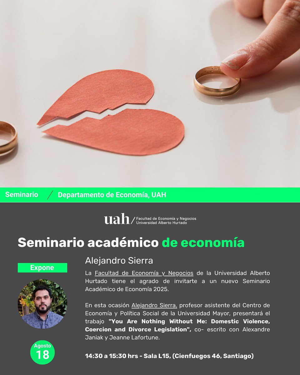 📢 Invitación | Seminario Académico de Economía 2025 📊🎓

La Facultad de Economía y Negocios de la Universidad Alberto Hurtado te invita a un nuevo Seminario Académico de Economía.

🗓 Fecha: Lunes 18 de agosto
🕝 Hora: 14:30 hrs
📍 Lugar: Sala L15, Cienfuegos 46.