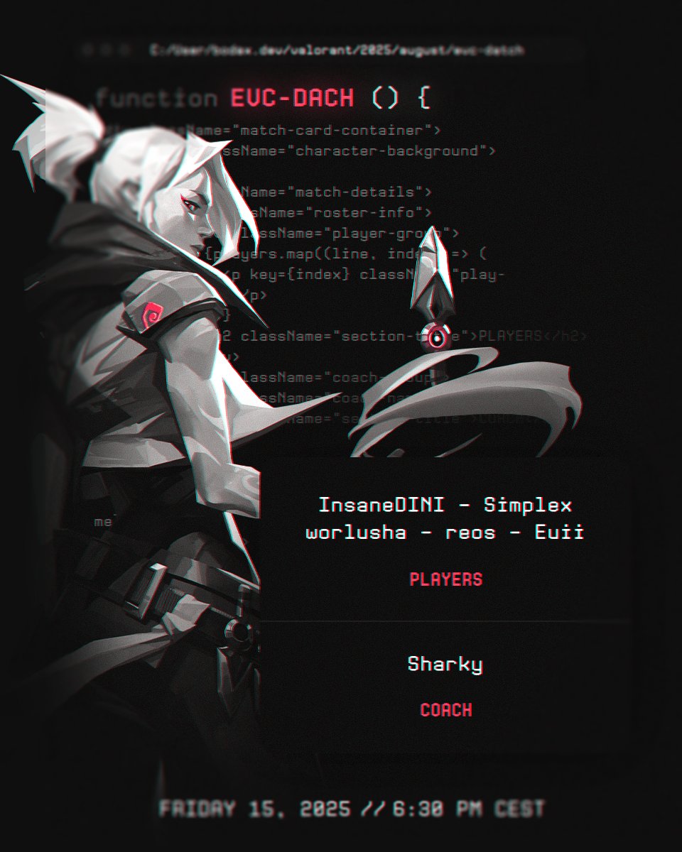 BodaxGaming (@gamingbodax) on Twitter photo 🎯EVC Dach Roster
👋Please welcome our EVC Legacy Dach roster!
Player:
<a href="/InsaneDINIVL/">InsaneDINI</a>
<a href="/SimplexVal/">Simplex</a>
<a href="/reosval/">reos</a>
<a href="/EuiiNoname/">LFT Euii. ス</a>
<a href="/worlusha/">ww</a>
Sub:
<a href="/janneskannes30/">Janneskannes30</a>
<a href="/NotComplexit/">Complexit</a>
Coach:
<a href="/Sharky443/">sharky</a>
#GoBodax 🎯EVC Dach Roster
👋Please welcome our EVC Legacy Dach roster!
Player:
<a href="/InsaneDINIVL/">InsaneDINI</a>
<a href="/SimplexVal/">Simplex</a>
<a href="/reosval/">reos</a>
<a href="/EuiiNoname/">LFT Euii. ス</a>
<a href="/worlusha/">ww</a>
Sub:
<a href="/janneskannes30/">Janneskannes30</a>
<a href="/NotComplexit/">Complexit</a>
Coach:
<a href="/Sharky443/">sharky</a>
#GoBodax
