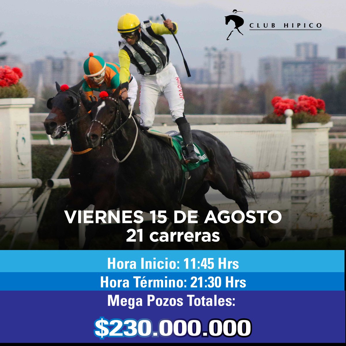 🏇🏻😃 ¡VIERNES DE CARRERAS EN EL CLUB HIPICO!

Desde las 11:45 horas viviremos una nueva reunión en nuestro recinto. Tendremos 21 compromisos y dos atractivos premios clásicos.
