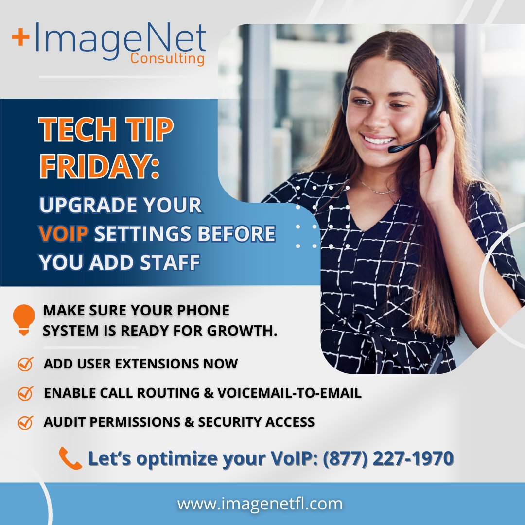 ImageNetFL's tweet image. Tech Tip Friday: Hiring soon? Upgrade your VoIP before adding staff.
 ✅ Add user extensions
 ✅ Enable call routing &amp;amp; voicemail-to-email
 ✅ Audit security access
📞 (877) 227-1970 | 🌐 imagenetfl.com
 #TechTipFriday #VoIPSupport #ITForGrowth #SmartHiring