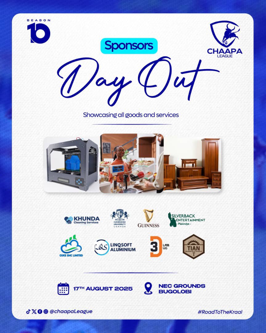 BeingVisuals🇺🇬 (@beingvisualsug) on Twitter photo Why you shdn’t miss Chaapa League this Sunday
1. National ID renewal
2. Sponsors Dayout (Tian woods will showcase)
3. Chaapa League jersey sale
4.Match day 17 League Matches
5.Quarterfinals of the Bulls Identity tournament
6. Ofcourse <a href="/Kataarabulls/">KATAARA FC</a> are playing
#RoadToTheKraal Why you shdn’t miss Chaapa League this Sunday
1. National ID renewal
2. Sponsors Dayout (Tian woods will showcase)
3. Chaapa League jersey sale
4.Match day 17 League Matches
5.Quarterfinals of the Bulls Identity tournament
6. Ofcourse <a href="/Kataarabulls/">KATAARA FC</a> are playing
#RoadToTheKraal