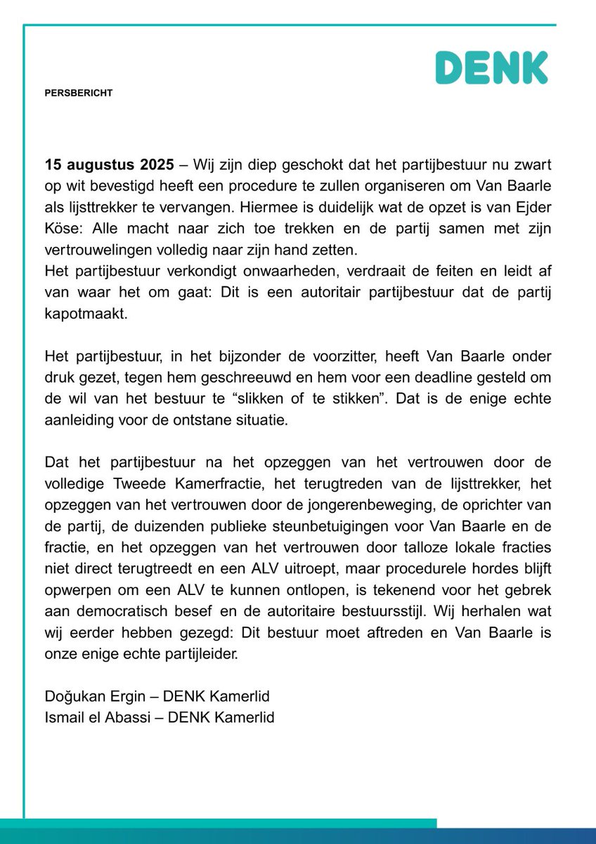 Wij zijn diep geschokt dat het partijbestuur nu zwart op wit bevestigd heeft dat ze een procedure gaan organiseren om Van Baarle te vervangen. Schandalig!