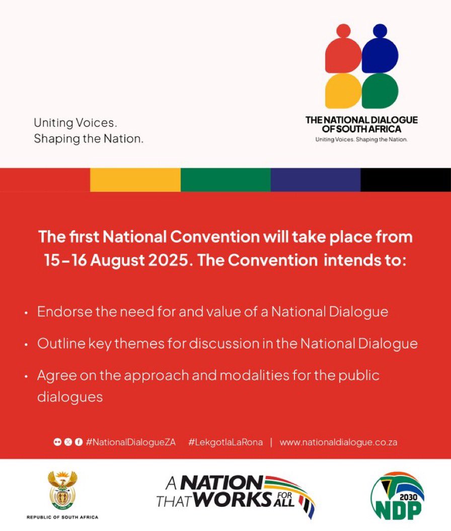 Dialogue between stakeholders, political leaders, &amp; institutions are crucial for rebuilding trust &amp; advancing social cohesion. 

The hallmark of such dialogue must be inclusive, transparent, credible, people-centered, &amp; action-oriented.

Joined 🇿🇦’s National Dialogue Convention.