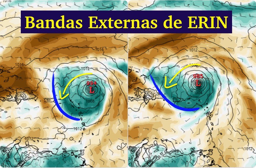 Las bandas externas de ERIN estarán llegando a Puerto Rico este sábado desde la madrugada. Esperamos aguaceros con posible tronadas en primer lugar en horas de la madrugada/mañana de este sábado con acumulados de entre 0.5-1.5" (2.5" max) especialmente para la mitad este de la