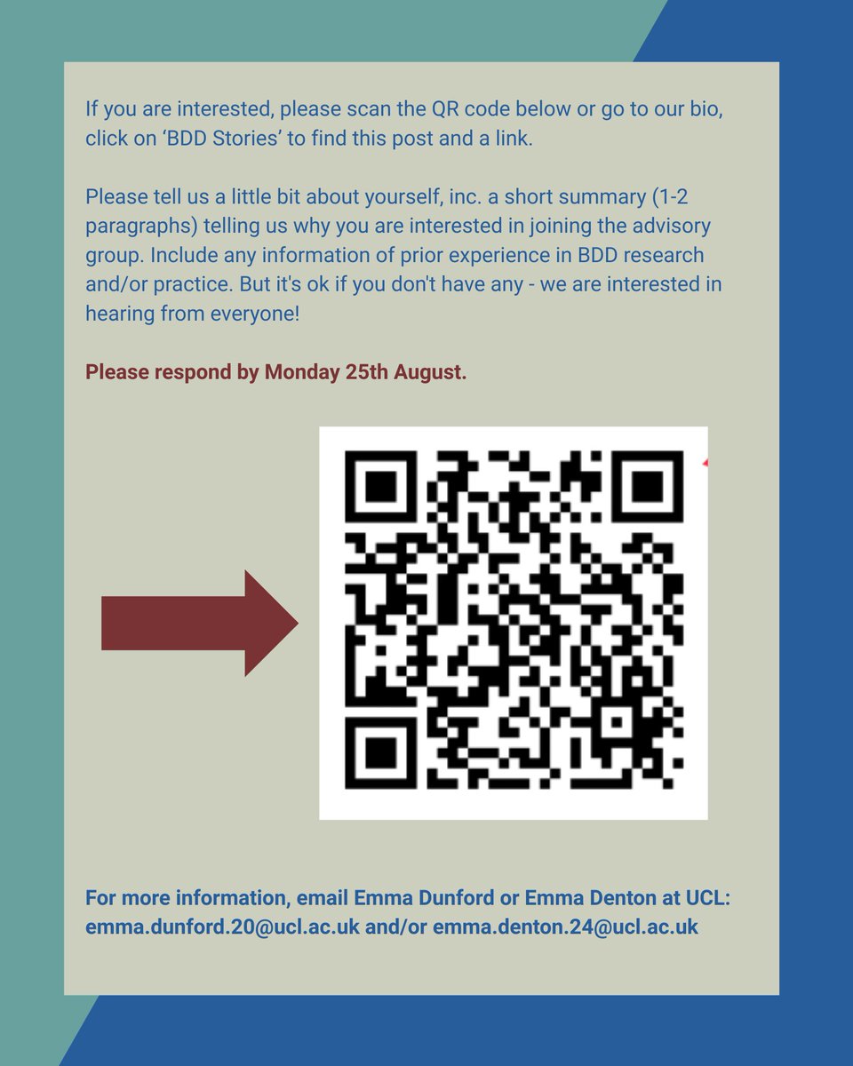 Have your say in BDD Research - join an advisory group! UCL are looking for individuals w/lived experience to help shape crucial research. Deadline to apply 25th August!

bddfoundation.org/bdd-advisory-g… or contact emma.dunford.20@ucl.ac.uk and/or emma.denton.24@ucl.ac.uk