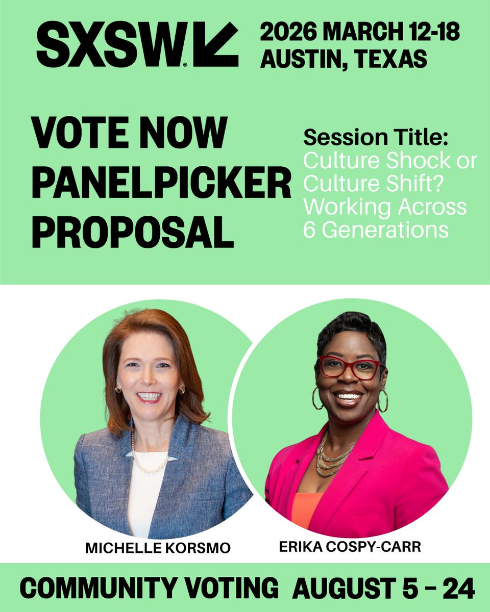 WeRRestaurants's tweet image. We need your support!🫵

At @SXSW 2026, Michelle Korsmo, President &amp;amp; CEO of @werrestaurants &amp;amp; @NRAEF, &amp;amp; Erika Cospy Carr, leader of the @mfalliance, are sharing how evolving workplace cultures can attract talent, build trust, &amp;amp; gain an edge.

Vote by 8/24: bit.ly/nraef-sxsw