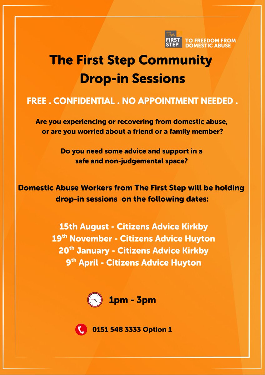 Citizens Advice Knowsley (@knowsleycab1) on Twitter photo Thanks to Tyler from <a href="/The1stStep_/">The First Step</a> who was at our Kirkby General Advice Drop In today to provide support and guidance regarding domestic abuse to the public.
Please see details of the following drop in sessions that we will be held at our offices. Thanks to Tyler from <a href="/The1stStep_/">The First Step</a> who was at our Kirkby General Advice Drop In today to provide support and guidance regarding domestic abuse to the public.
Please see details of the following drop in sessions that we will be held at our offices.