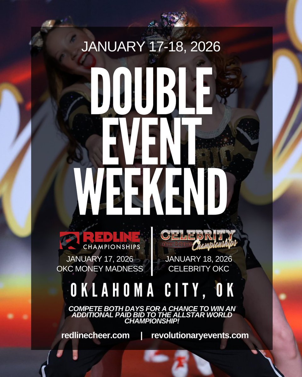 🔥 DOUBLE EVENT WEEKEND in OKC! 🔥

Join us for TWO incredible days of competition on one weekend, January 17-18, 2026!

✨ Day 1 - Redline OKC Money Madness - Jan 17, 2026
✨ Day 2 - Celebrity Championships OKC - Jan 18, 2026