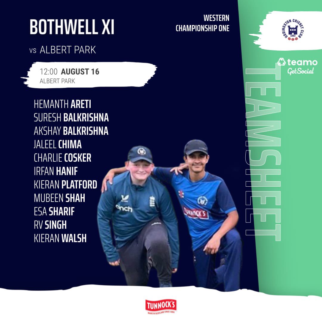 Weekend Fixtures and Teamsheets

Tunnock's Uddingston 1st XI vs Dumfries
12:00 PM Start at BCP

Bothwell XI vs Albert Park 
12:00 PM  Albert Park

Come support the teams! Good luck lads. 

#uddingstoncricket #uddingston #uddingstoncc #teamuddy