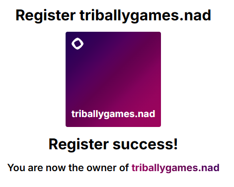 Apexcore - Tribally (@apexnftcore) on Twitter photo I've just minted triballygames.nad (<a href="/TriballyGames/">Tribally 🎮</a>)
One-time registration, free use for life.
Powered by <a href="/NadDomains/">Nad Name Service ⨀</a>, natively built for <a href="/monad_xyz/">Monad</a>.
Every Nads needs to have their own. Mint your now! Just click the link below 👇
api.nad.domains/nadcard/tribal… I've just minted triballygames.nad (<a href="/TriballyGames/">Tribally 🎮</a>)
One-time registration, free use for life.
Powered by <a href="/NadDomains/">Nad Name Service ⨀</a>, natively built for <a href="/monad_xyz/">Monad</a>.
Every Nads needs to have their own. Mint your now! Just click the link below 👇
api.nad.domains/nadcard/tribal…