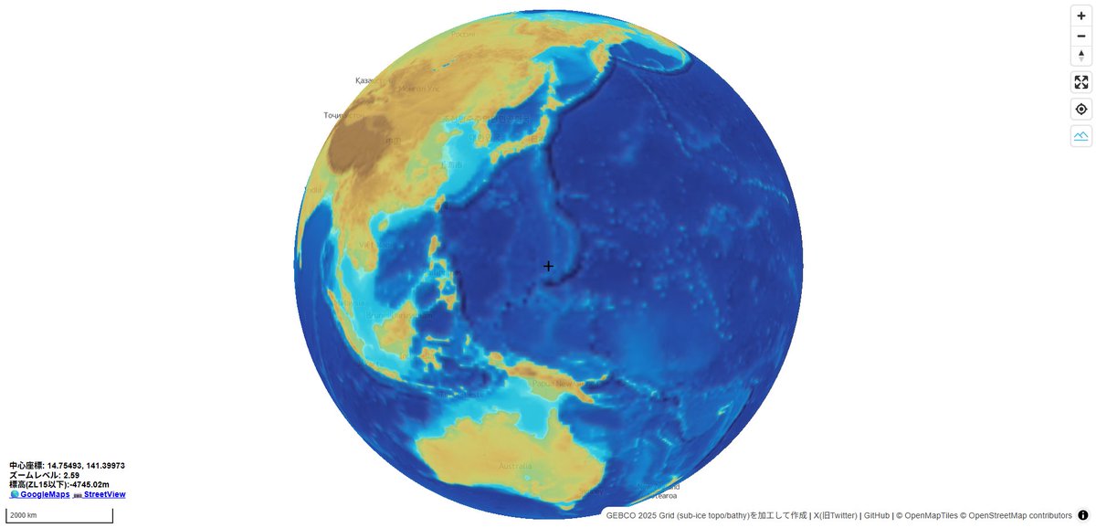 shi__works's tweet image. MapLibre GL JSで全球の海底地形タイル（GEBCO 2025 Grid）をもとに陰影段彩図と等深線を表示してみた。正しくは測深図かしら...？島名や海底地形名は海上保安庁 海しるAPIより。
shiwaku.github.io/gebco-2025-gri…
#FOSS4G #MapLibre #海底地形 #タイる #海しる