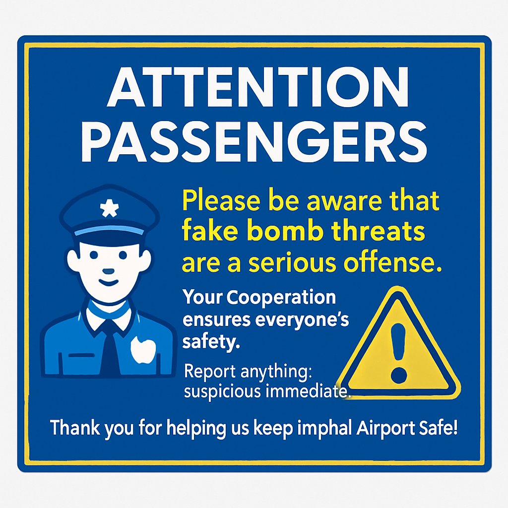 AAI IMPHAL AIRPORT (@imphalapd) on Twitter photo 🚫✈️ Fake bomb threats & hoax calls are serious offences. They cause unnecessary panic, disrupt flights & invite strict legal action. Help us keep skies safe — never misuse communication channels.
#FlySafe #ImphalAirport #SafetyFirst <a href="/AAI_Official/">Airports Authority of India</a> <a href="/aairedner/">Regional Executive Dir. AAI, North-East Region</a> <a href="/MoCA_GoI/">MoCA_GoI</a> 🚫✈️ Fake bomb threats & hoax calls are serious offences. They cause unnecessary panic, disrupt flights & invite strict legal action. Help us keep skies safe — never misuse communication channels.
#FlySafe #ImphalAirport #SafetyFirst <a href="/AAI_Official/">Airports Authority of India</a> <a href="/aairedner/">Regional Executive Dir. AAI, North-East Region</a> <a href="/MoCA_GoI/">MoCA_GoI</a>