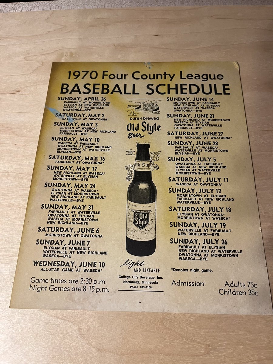 The last of the black n white schedule. New Richland joins the Four County League bringing it to 7 teams.  New Beer sponsor as well, they taste well at Wrigley Field. <a href="/MinnBaseball/">Minnesota Baseball Association</a> <a href="/MorriesBaseball/">Morristown Morries</a> <a href="/WasecaBraves7/">Waseca Braves</a> <a href="/Wtrvindians/">Waterville Indians</a> <a href="/Region5Baseball/">Region 5C</a> <a href="/TownBallTuesday/">Town Ball Tuesdays</a> <a href="/1360Townball/">13/60 Amateur Baseball League</a>