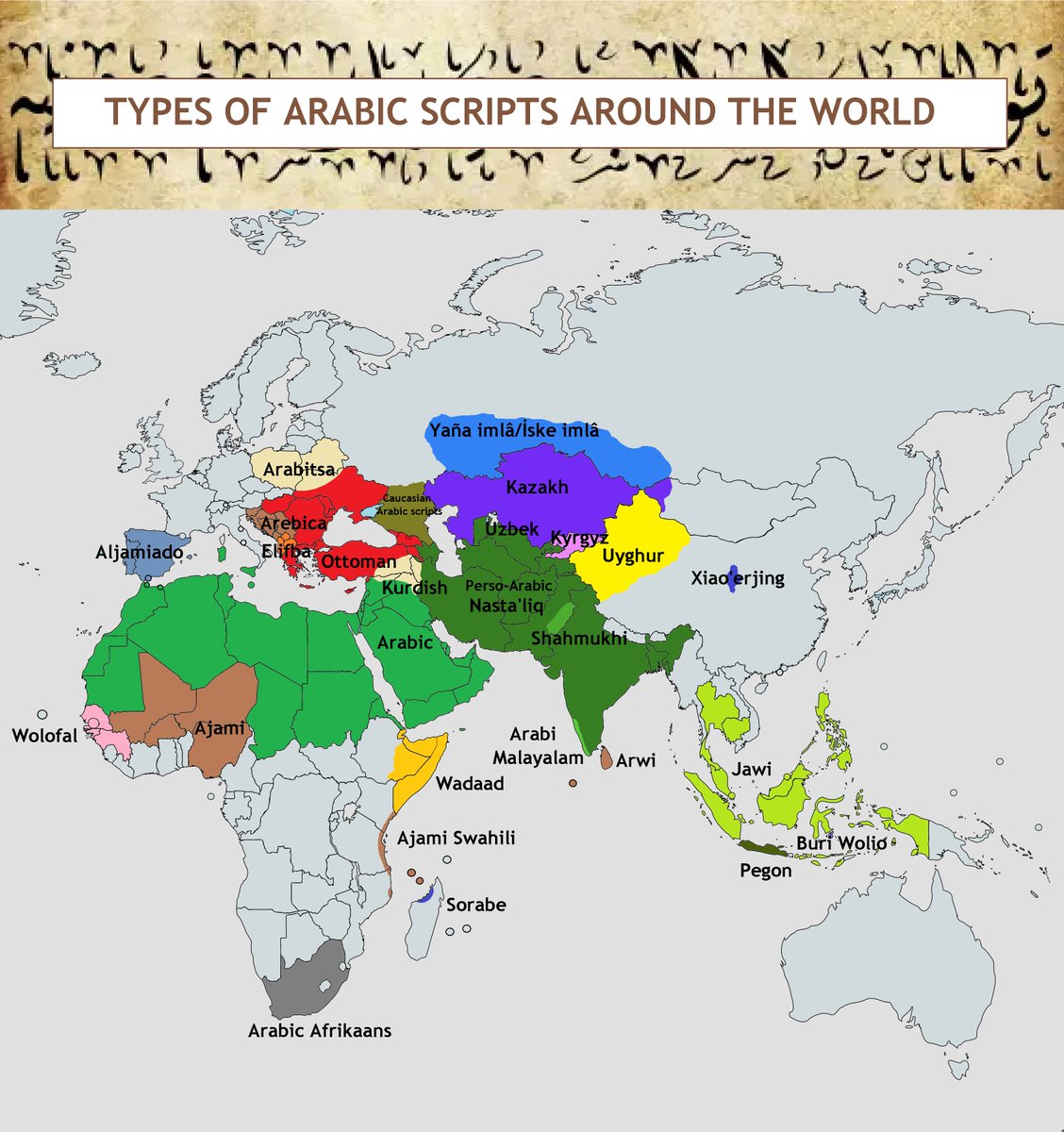 MeeRebus11's tweet image. Penyebaran Tulisan Arab di seluruh Dunia 

#arabic #arabicscript #jawi #nastaliq #xiaoerjing #arwi #wolofal #aljamiado #arabimalayalam #linguistics