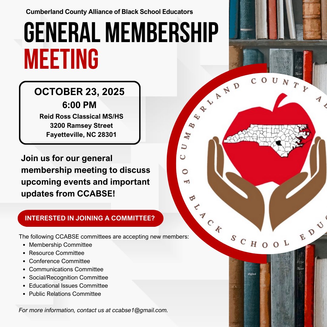 Save the date! Our next #CCABSE General Membership meeting will take place on October 23rd at 6:00pm at Reid Ross Classical MS/HS!