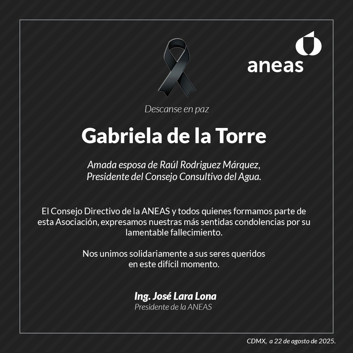 🕊️ El Consejo Directivo de la <a href="/ANEASdeMexico/">ANEAS de México</a>, y su Presidente, el Ing. José Lara Lona (<a href="/joselaralona1/">José Lara Lona</a>), lamentan profundamente el sensible fallecimiento de Gabriela de la Torre, esposa de Raúl Rodríguez Márquez (<a href="/raroma47/">Raul Rodriguez</a>), Presidente del <a href="/ConsejoAguaMX/">Consejo Consultivo</a>.
#QEPD