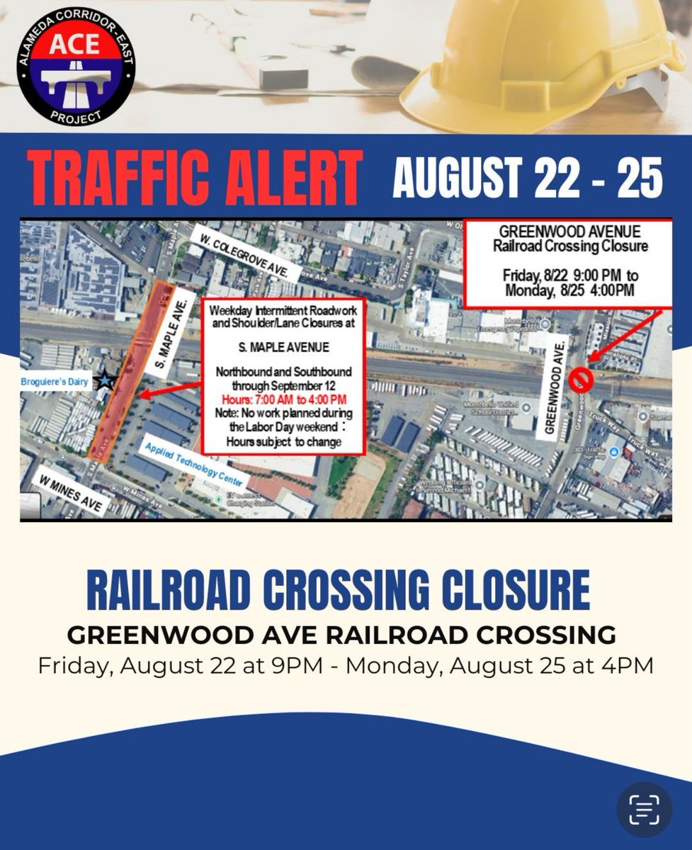 🚧 Greenwood Ave Closure – Aug 22–25 

Greenwood Ave will be fully closed at the railroad crossing from Friday, Aug 22 at 9 PM to Monday, Aug 25 at 4 PM.

🚫 No crossing access

Please plan ahead and use alternate routes. Thank you for your patience! <a href="/MontebelloCity/">City of Montebello</a>