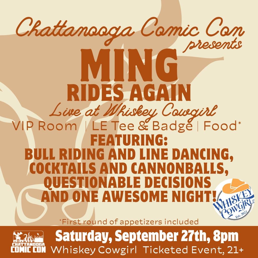 Just bought my ticket.  Can't wait to hang out with <a href="/mingchen37/">Ming Chen</a> again.  Tickets are already a third sold so if you want to make questionable decisions and do some bull riding with us head over to <a href="/ChattComicCon/">ChattanoogaComicCon</a>