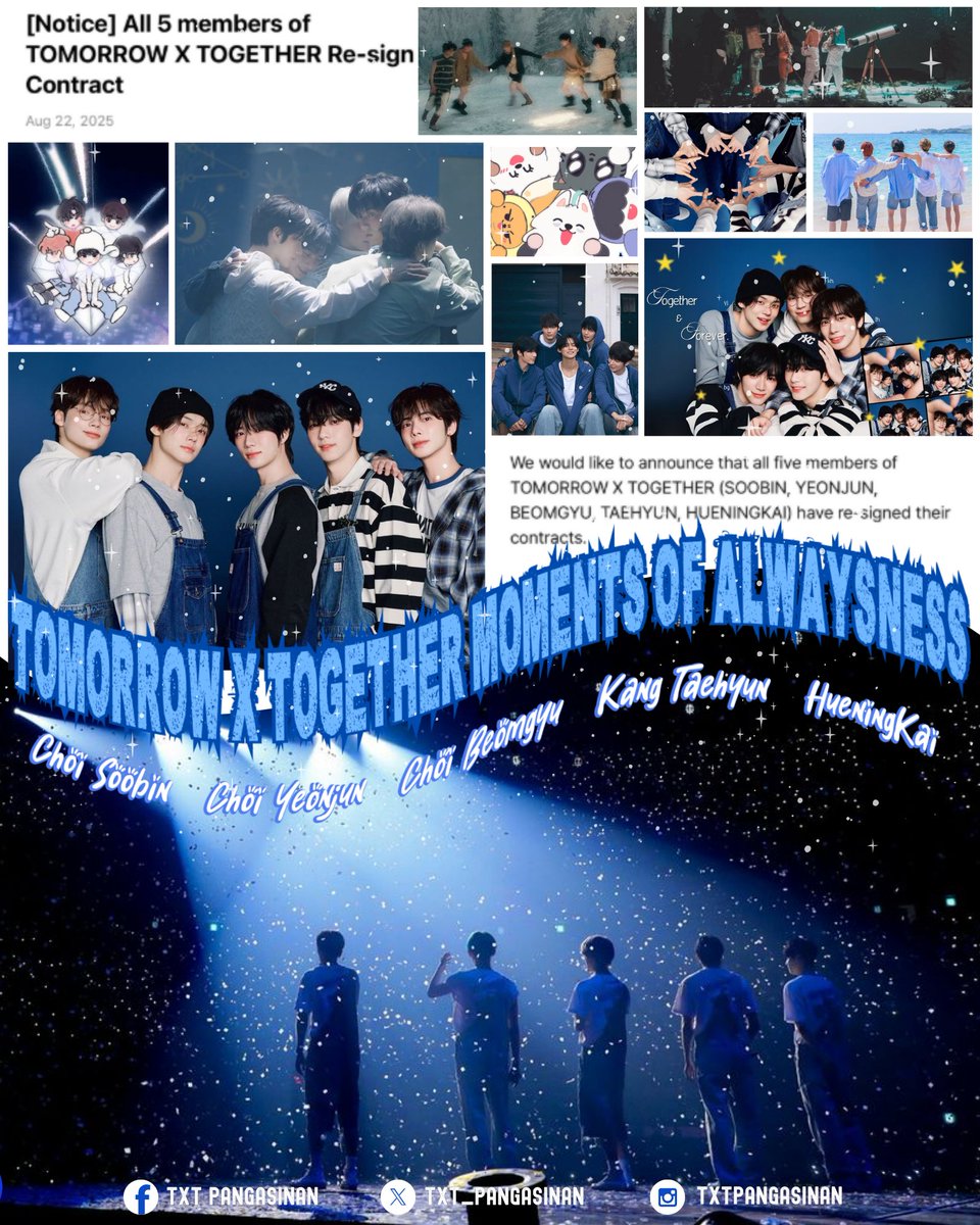 TXT_Pangasinan's tweet photo. Our boys SOOBIN, YEONJUN, BEOMGYU, TAEHYUN, and HUENINGKAI have all renewed their contracts under Bighit Music. 🎉💙

Six years, countless memories, and now together till eternity! This is where we promise to be under the same star forever! 

#TXT #TXTPNGSN https://t.co/JNXgsJhYNc