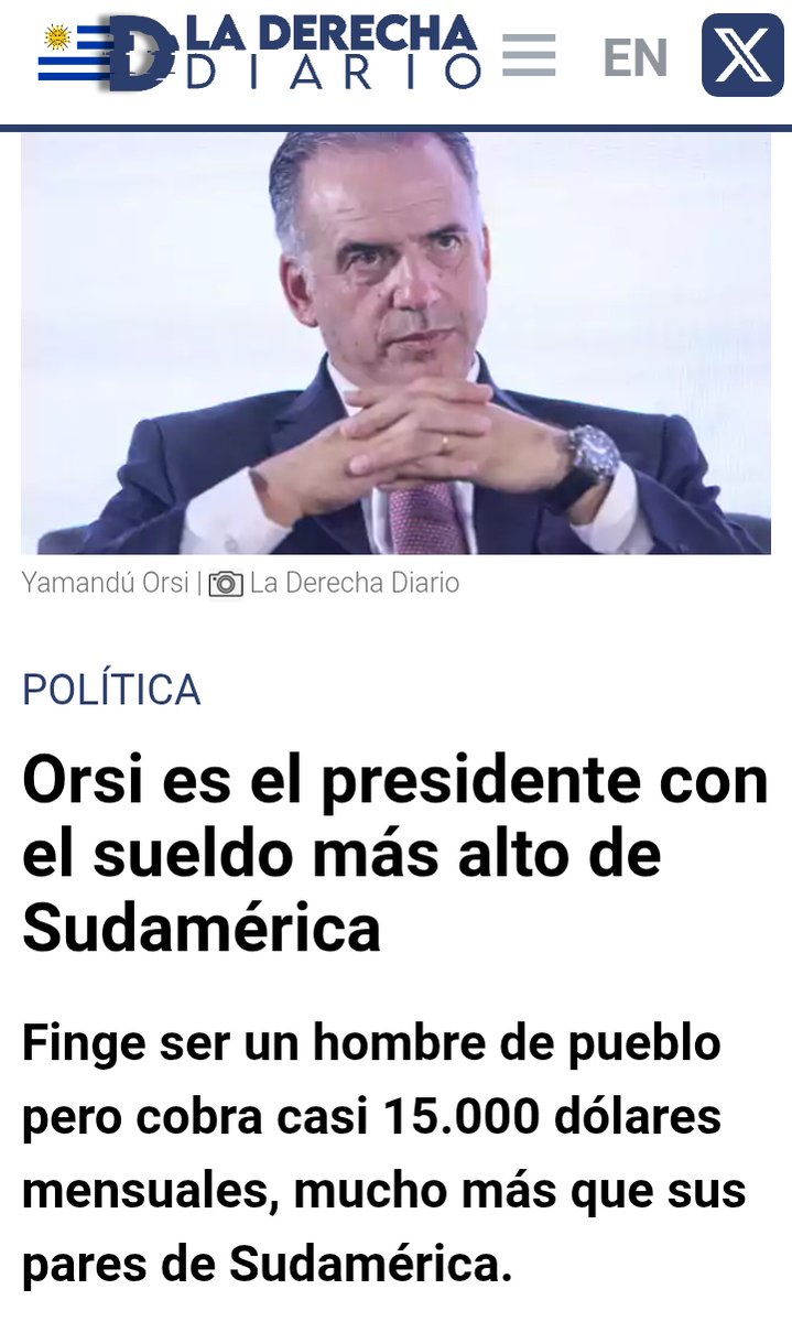 🔴 𝗢𝗥𝗦𝗜 𝗖𝗢𝗕𝗥𝗔 𝗖𝗔𝗦𝗜 𝟭𝟱.𝟬𝟬𝟬 𝗗𝗢́𝗟𝗔𝗥𝗘𝗦 𝗠𝗘𝗡𝗦𝗨𝗔𝗟𝗘𝗦 

▶️ Se disfraza de hombre popular y se embolsa casi 15 lucas verdes todos los meses que le pagan los uruguayos con sus impuestos. Es el presidente que gana más de toda Sudamérica y vive como un rey.