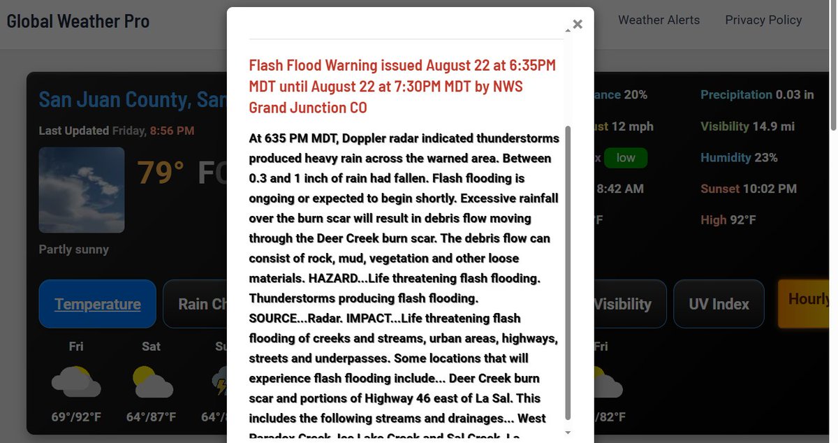 Point Forecaster for Android (@point_forecast) on Twitter photo #FlashFlood #Flood #UTwx
<a href="/NWSFlashFlood/">@NWSFlashFlood</a> has issued a Flash Flood Warning continuation for Montrose County, CO, San Juan County, UT until 7:30 PM MDT
globalweatherpro.com/weather-alerts… #FlashFlood #Flood #UTwx
<a href="/NWSFlashFlood/">@NWSFlashFlood</a> has issued a Flash Flood Warning continuation for Montrose County, CO, San Juan County, UT until 7:30 PM MDT
globalweatherpro.com/weather-alerts…