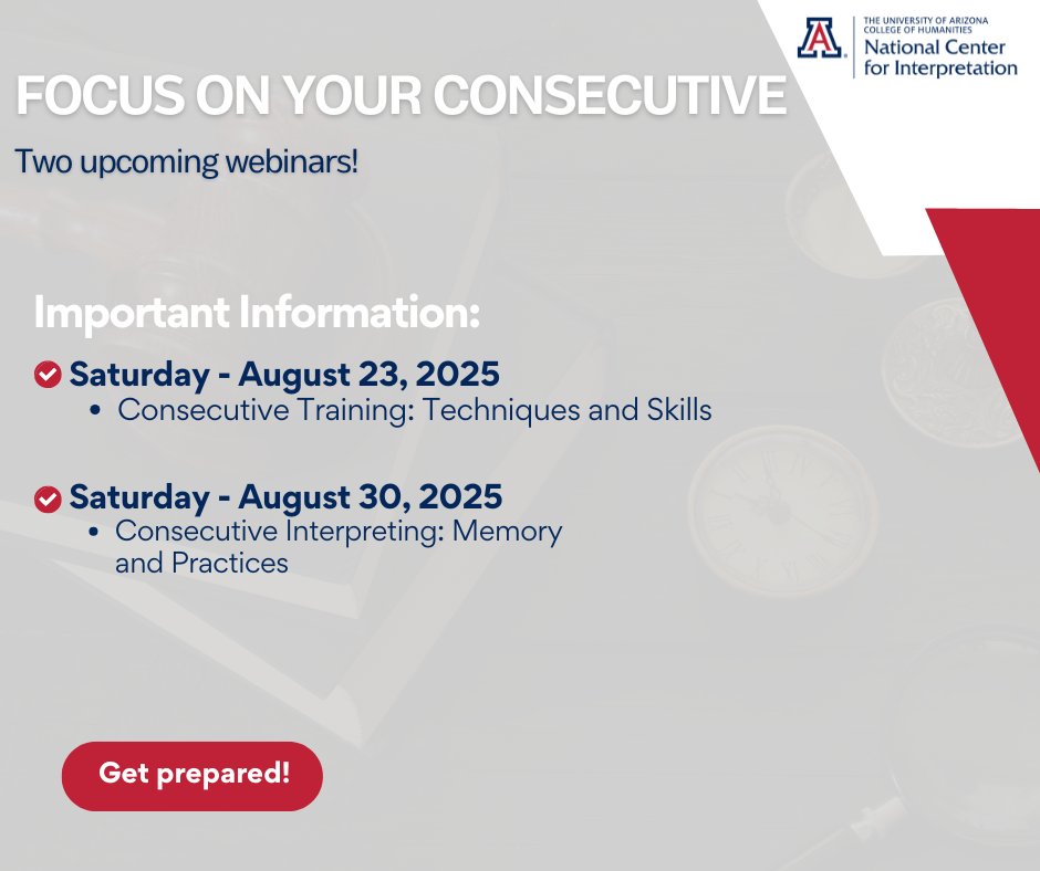 Sharpen your consecutive interpreting skills with our upcoming webinars!  Stay prepared and elevate your interpreting performance.

August 23: Techniques and Skills
August 30: Memory and Practices

Register now: nci.arizona.edu/interpreter-tr…
